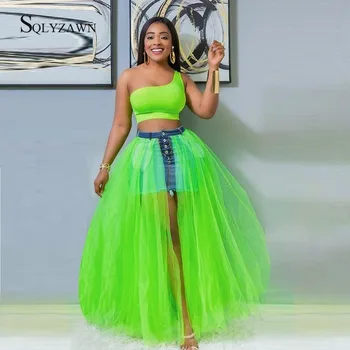 

Streetwear Split Mesh Ball Gown Denim Tulle Skirts Women Gothic Sexy Harajuku White Neon Green Color Block Long Kawaii Clothes