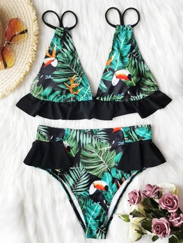 

Deep V Neck Tropical Print Frill High Waist Bikini 2 Piece Sets Womens New Arrival 2020 Brazilian Bikini Bathing Suit Women