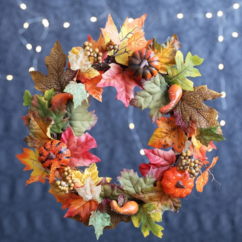 

New Artificial Pumpkin Maple Leaves Wreath Garland Fall Harvest Thanksgiving Halloween Front Door Wall Hanging Ornament