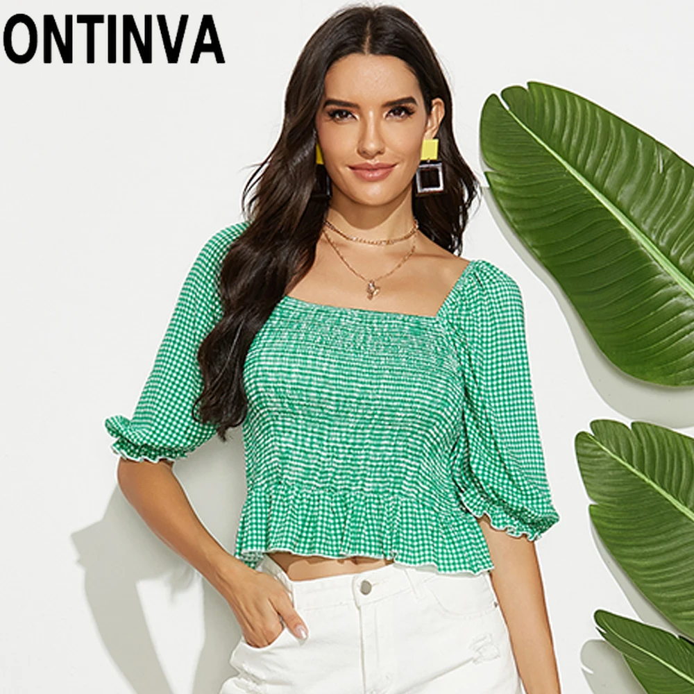 

Woman Green Retro Plaid Short Tops Summer Half Puff Sleeve Stretch Blouses Woman Summer Lattice Grid Shirts Blusas De Mujer
