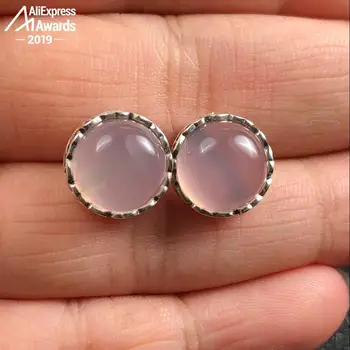

S925 Sterling Silver Poland 10*10mm Rose Quartz Stud Earrings Antique shop lithuania Retro Chalcedony