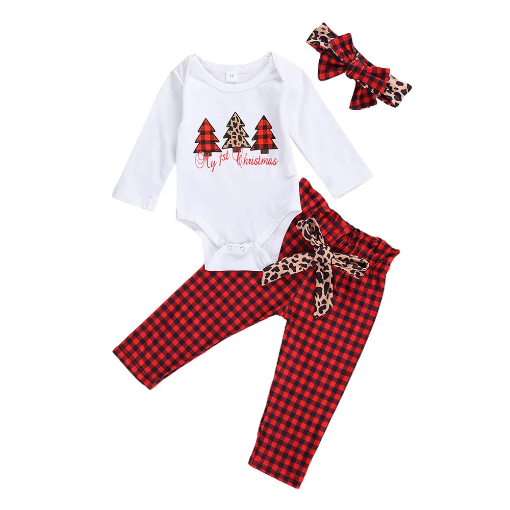 

0-12M Cute Newborn Baby Girls Christmas Outfits O-Neck Long Sleeve Rompers Top + Plaid /Leopard Print Pants + Headband Xmas Set