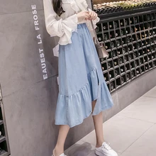 

Blue Irregular High Waist Plus Size Casual Denim Skirt Women College All-Match Ruffle Midi Long Jean Skirts Female Streetwear