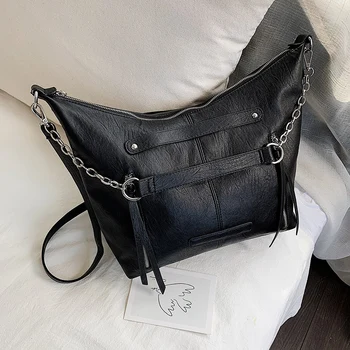 

Designer Large Black Women Leather Handbags Classic Chain Shoulder Bag Retro Punk Bag Ladies Crossbody Tote Bag Sac A Main Femme