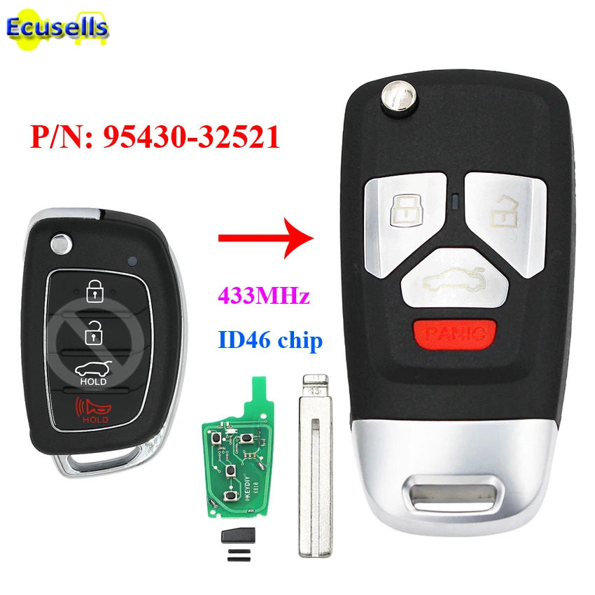 Upgraded Flip 4 buttons Remote Key Fob 433MHz with ID46 chip for Hyundai i40 P/N: 95430-32521 uncut | Автомобили и мотоциклы