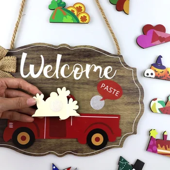 Welcome Signs for Holiday Halloween Wooden with With Interchangeable Holiday Pieces or Front Door Porch Hanging Decor 5