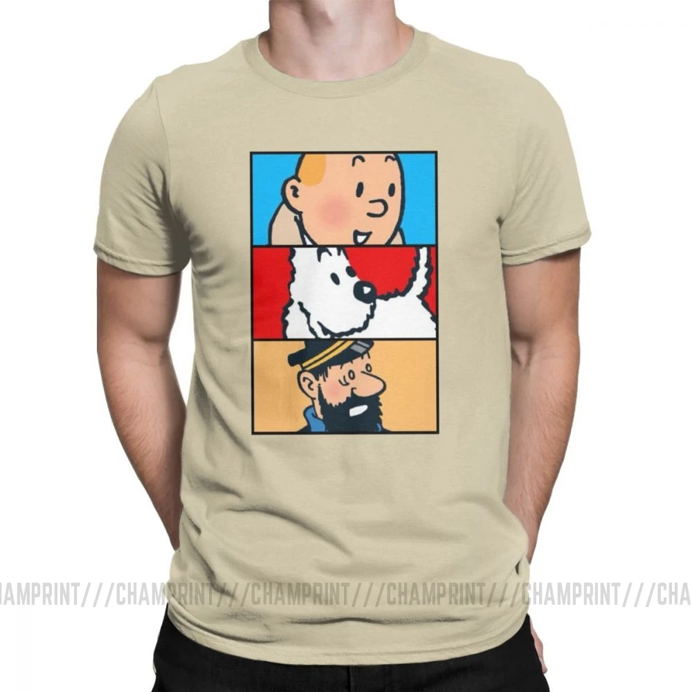 Футболка Tintin Milou Haddock The adventures Of Tintin для мужчин, хлопковая футболка с короткими рукавами, одежда 4XL 5XL 6XL - Цвет: Хаки