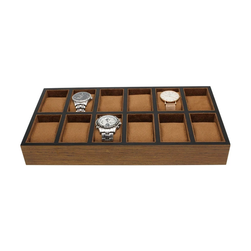 

12 Slot Wood Lacquered Fabric Insert Cuff Jewelry Watch Display Organizer Storage Tray