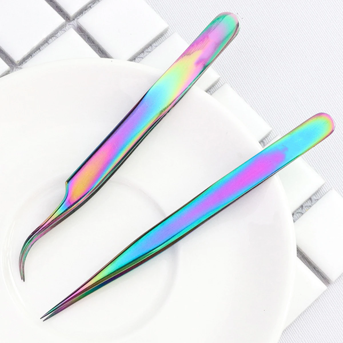 2Pcs Electroplating Metal Tweezers Rainbow Straight And Curved Tweezer Rhinestones Sticker Picker for Nail Art Manicure Tool