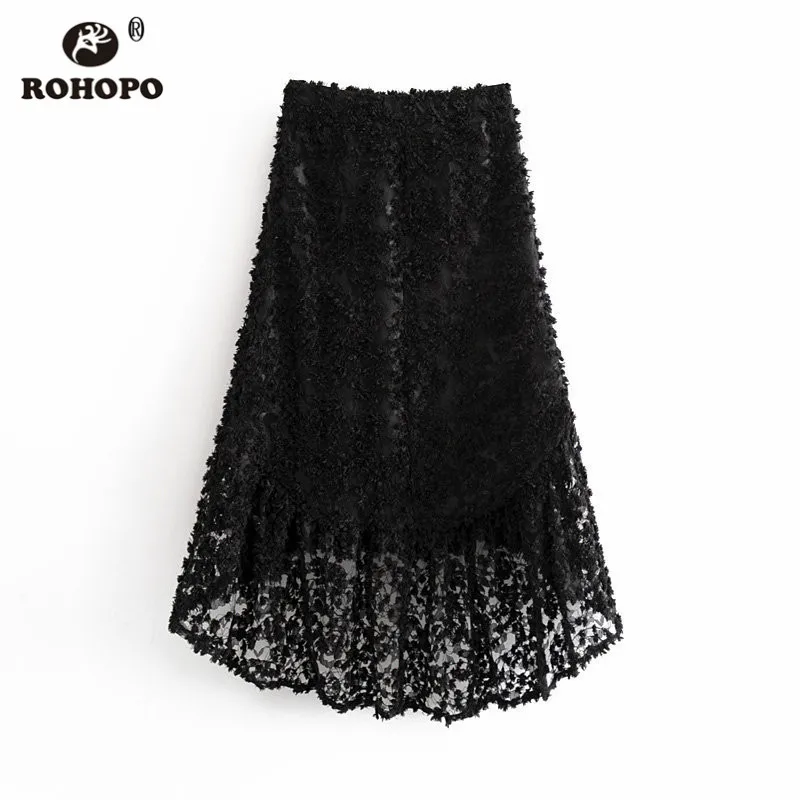 ROHOPO/юбка миди с цветочной вышивкой и кружевом, высокая, низкая, двухслойная, с оборками, на подкладке, черная, осенняя, градиентная, макси, Falda#1371