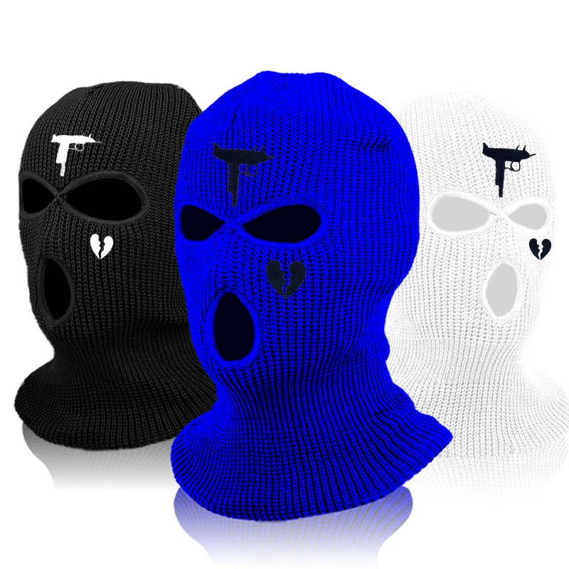 Embroidery Gun Heart Balaclava Face Mask Hat Three Hole Ski Hat Full Face Mask Keep Warm Protection Riding Hat Windproof Bonnet green skully hat