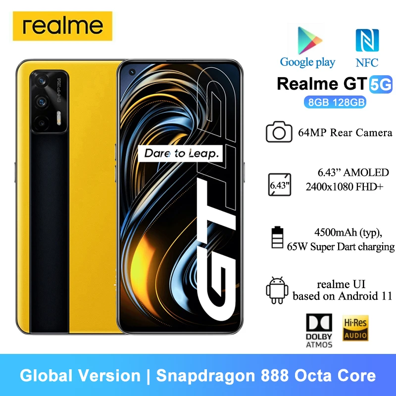 Global Version Realme GT 5G Smartphones 6.43 " Super AMOLED Snapdragon 888 Octa Core 4500mAh 64MP Mobile Phones Android 11 8gb ram