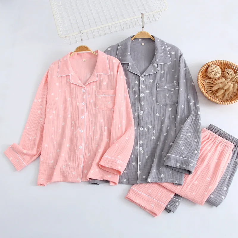 

Fdfklak Cotton Pajama Couple Pijamas Long Sleeve 2PC Women Sleepwear Spring Autumn Pink/Gray Print Night Suit