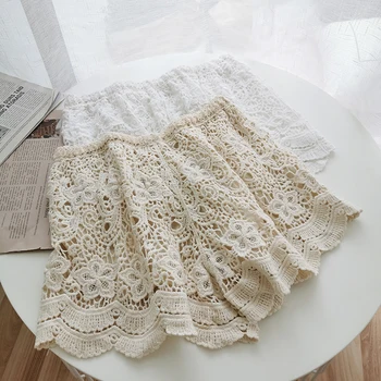 

lace hollow out women shorts summer new high waist solid wide leg lady elegant shorts top quality