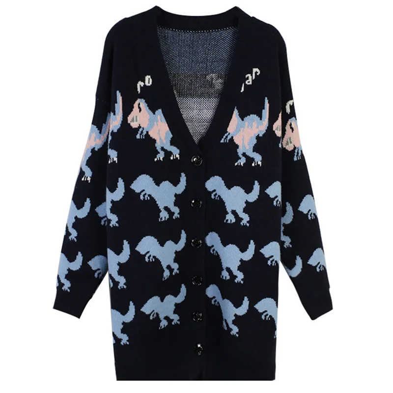 

Dresses in Europe and America Coloured Dinosaur Embroidery Loose Long Sleeve Medium and Long Knitted cardigans in Stock