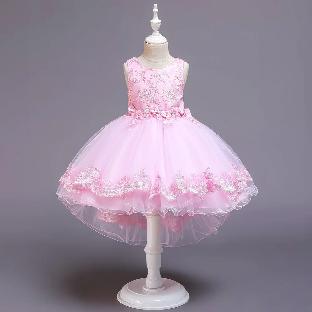 Детские коктейльные платья для девочек от 3 до 11 лет, торжественный Вечерний туалет, многослойное длинное вечернее платье с короткими рукавами спереди для детей - Цвет: Розовый