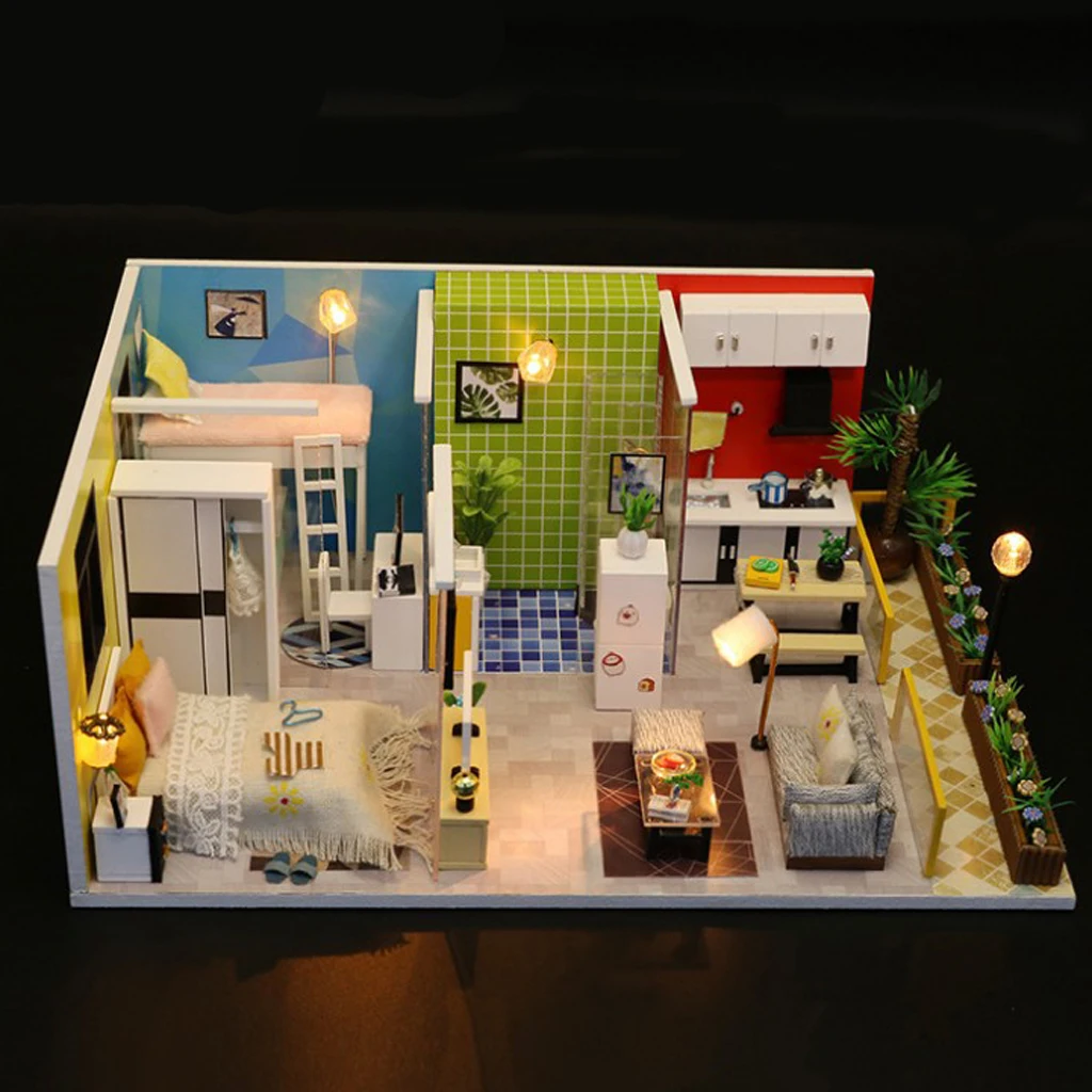 1:24 миниатюрный кукольный домик DIY Kit креативный романтический подарок для спальни-светодиодный пылезащитный чехол-простая жизнь