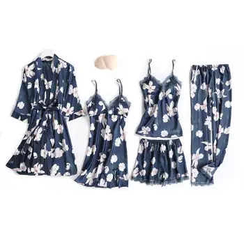 

Women Satin Kimono Gown Blue Print Flower Robe Casual 5pcs Robe Suit Home Clothes Nightdress Suspender Sexy Intimate Lingerie