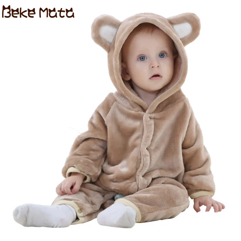 Одежда для новорожденных девочек, зима 2018, фланелевый комбинезон с рисунком медведя из мультфильма для маленьких мальчиков, костюм с