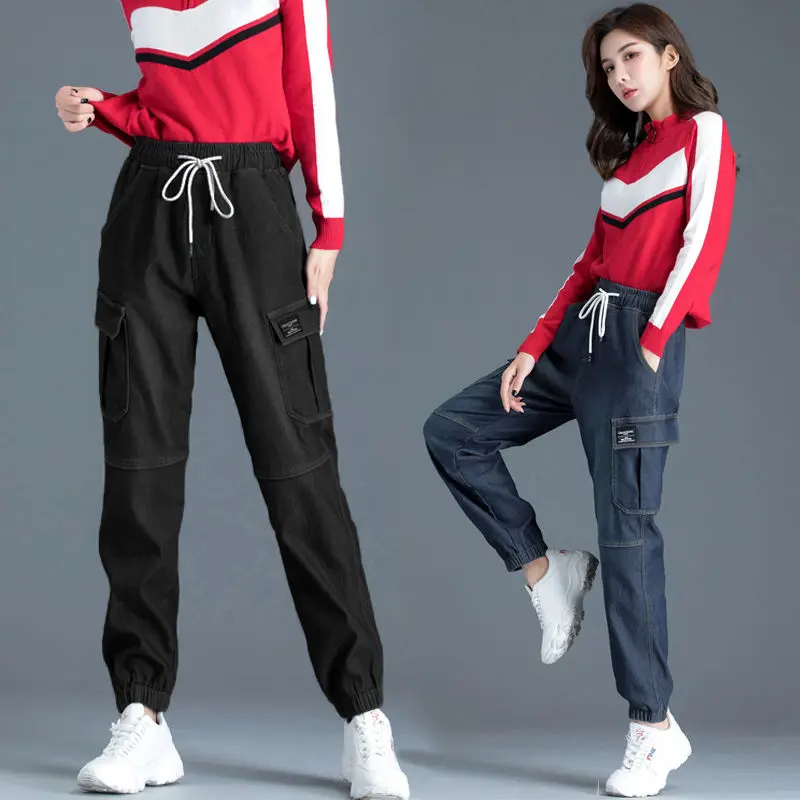 Denim Joggers Women Cargo Pants Women Velvet Elastic Waist Woman Pants Slimming 2020 Harem Pants Sweatpants Women Denim Jeans