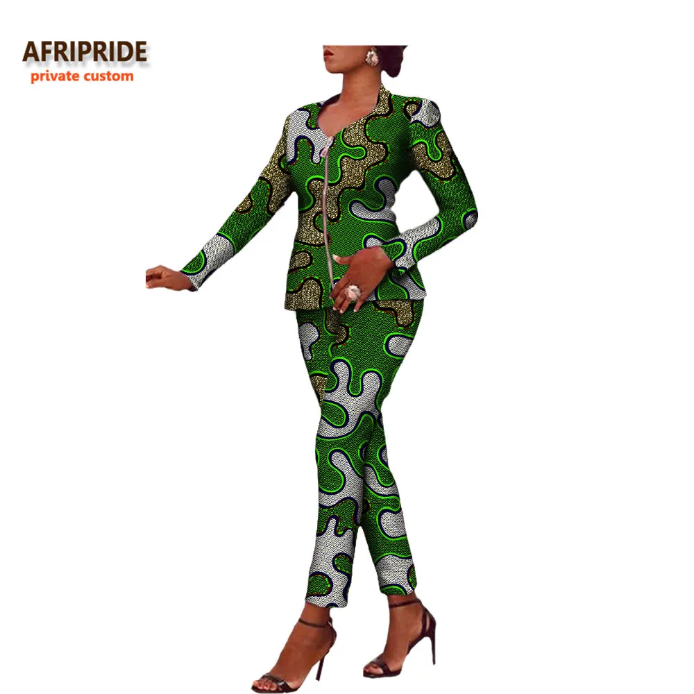Afripride Африканский принт 2 шт брюки Блейзер костюм для женщин сделанный на заказ Молния Fly топ+ длинные брюки хлопок костюм A722634 - Цвет: 584J