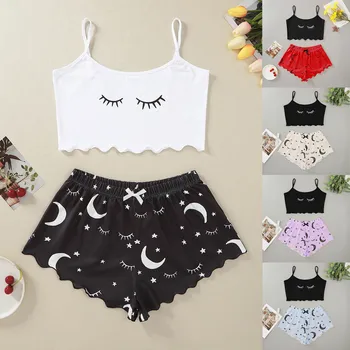 

Women Sleepwear Set Moon Star Eyelash Print Home Tracksuit Camis Shorts Suit sleep tops pyjamas women Sexy pijama mujer
