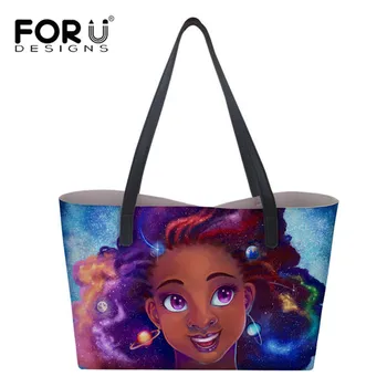 

FORUDESIGNS Women Shoulder Bags Black Art African Girl Printing Ladies Fashion Handbag Large-capacity Shopping Bag PU Leather