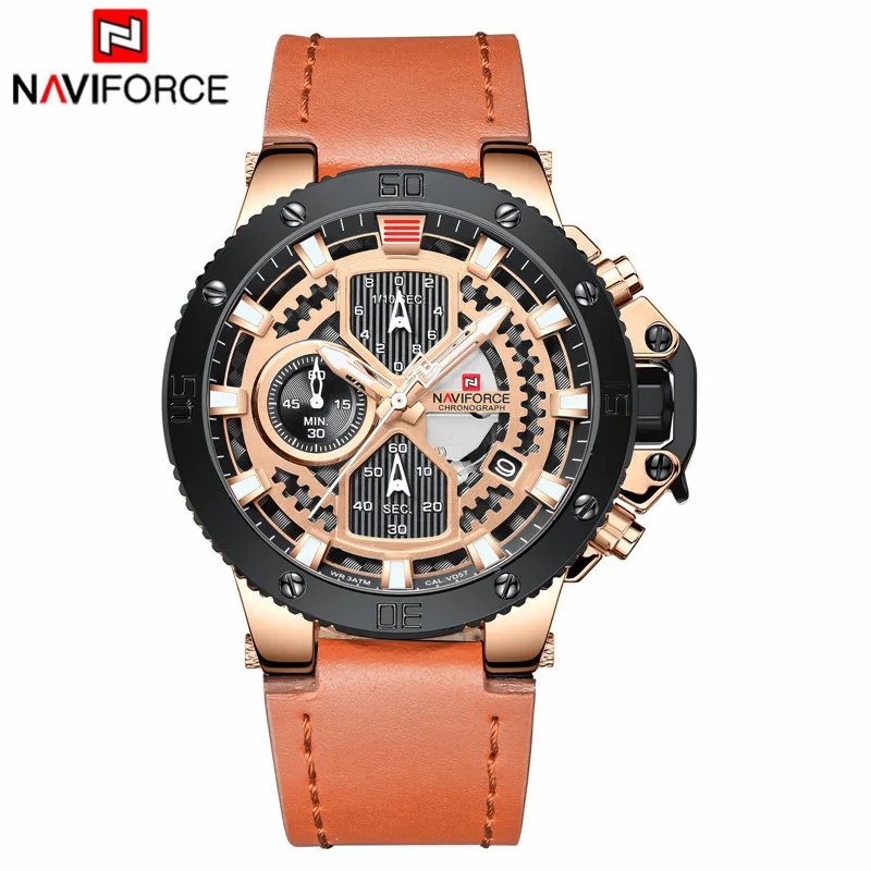 Rose Gold NAVIFORCE модные часы для мужчин спортивные кварцевые часы кожа для мужчин s бизнес Топ бренд класса люкс оранжевый водонепроницаемые часы Relogio Masculino - Цвет: Rose Gold