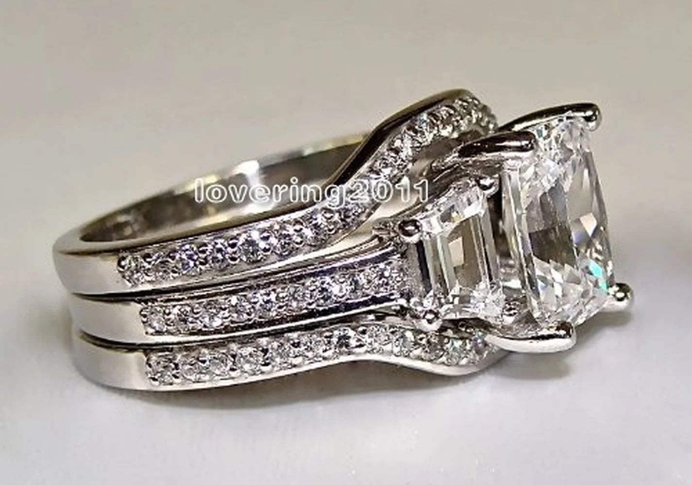 Bagues Vintage en zircon pour hommes et femmes, ensemble de bagues de mariage, fiançailles, couleur argent, or blanc 10K, 3ct