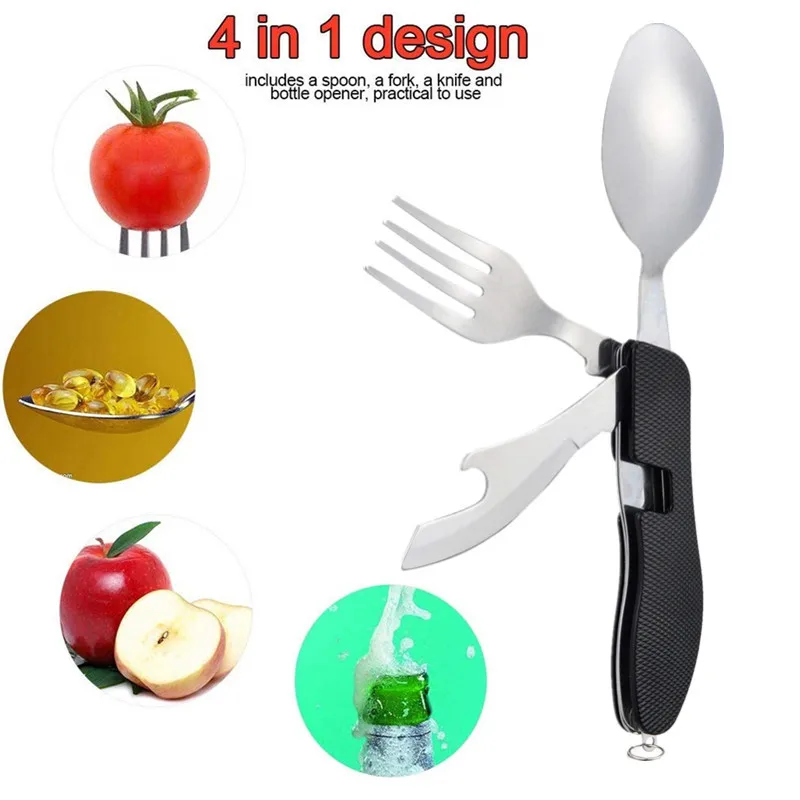 4-in-1 Portable Camping Utensil Stainless Steel Folding Fork Knife Spoon Bottle Opener Set Multifunction Outdoor Tableware | Спорт и