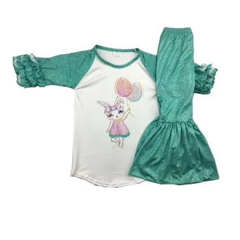 

Easter girls ruffle outfits with rabbit pattern bell pant set glitter fashion clothing