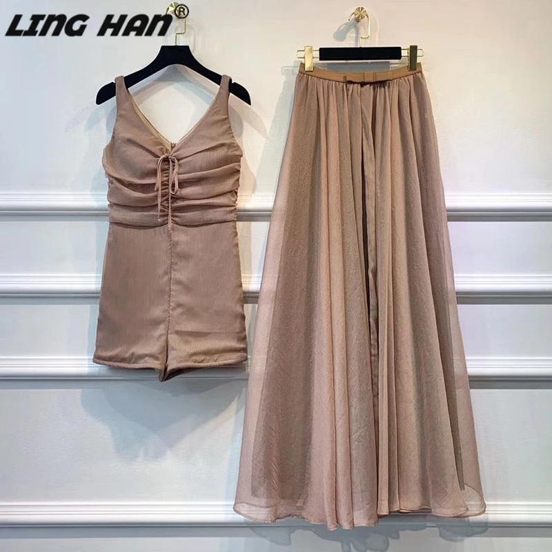 

LINGHAN Designer New Sets Women's Sexy Lace Up V-Neck Playsuits + Big pendulum Split Long Skirt Two-piece set