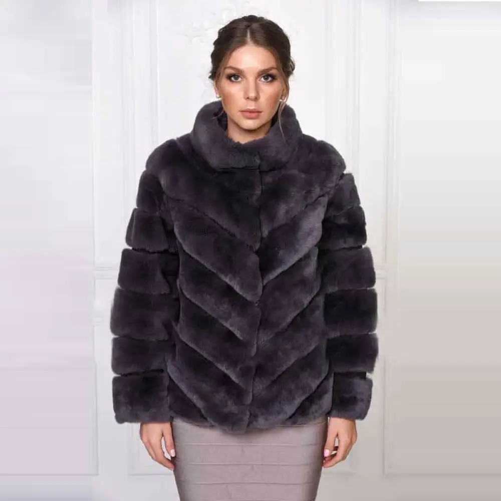 YZ-Furture магазин шуба из кролика рекс Для женщин натуральным лисьим мехом пальто новая Для женщин зимнее роскошное пальто с ручной работы Костюмы - Цвет: RB-008 Dark gary