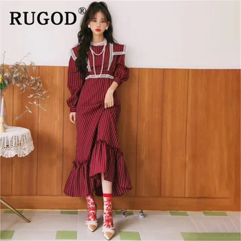 

RUGOD Korean lace patchwork stripe women dress Vintage peter pan collar ruffles long dresses vestidos Harajuku Casual 2020 dress