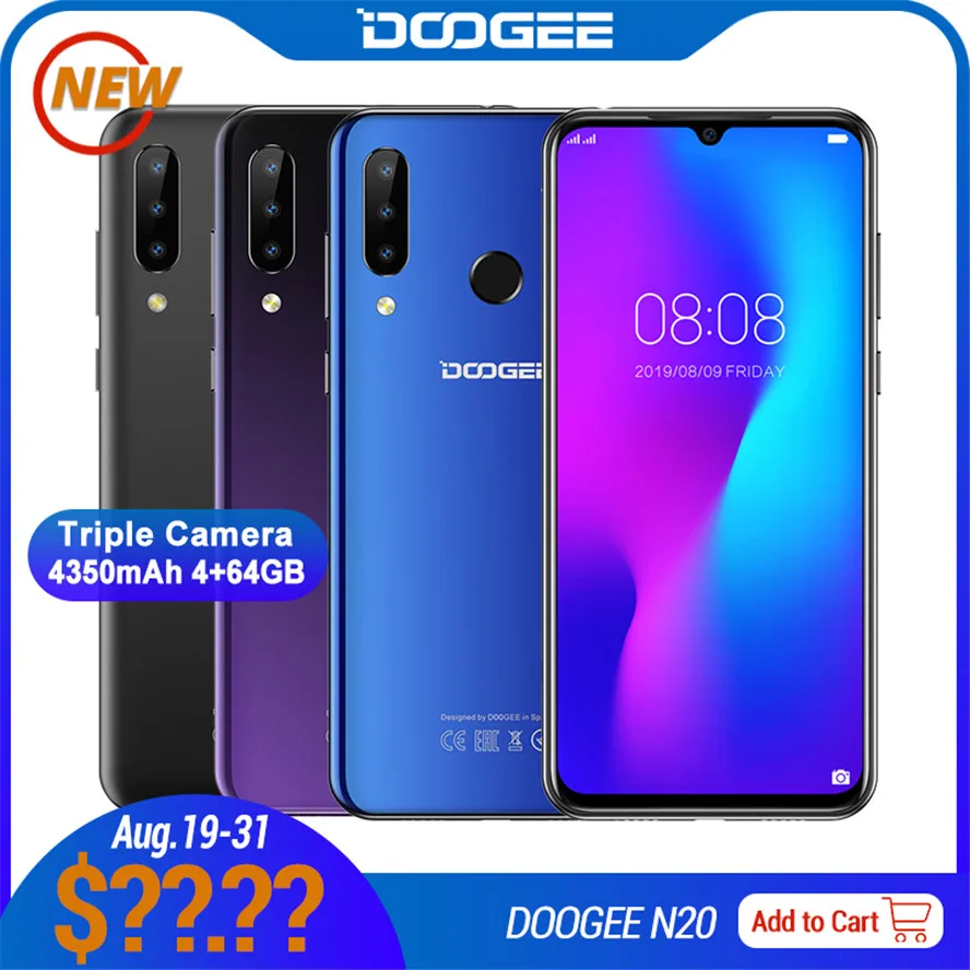 DOOGEE N20 смартфон 4 Гб+ 64 Гб 6,3 ''экран капли воды 16MP+ 16MP+ 8MP+ 8MP Android 9,0 MTK6763V Octa Dual 4G 4350mAh мобильный телефон