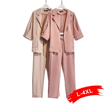 

Plus Size Notched Neck Blazer and Belted Crop Pants 2 Piece Suits Women Autumn Elegant Office Ladies Outfits Two Piece Set