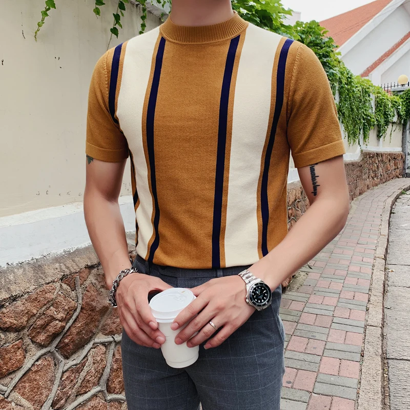 Sweater Men Clothing Short-Sleeve Spring Slim-Fit Stripes Casual Fashion Pullovers Vertical