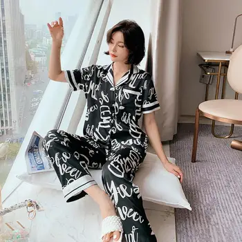 

Spring Summer Autumn Ice Silk Black And White Graffiti Home Service Short-Sleeved Trousers Korean Women'S Suit Satin Sleepwear