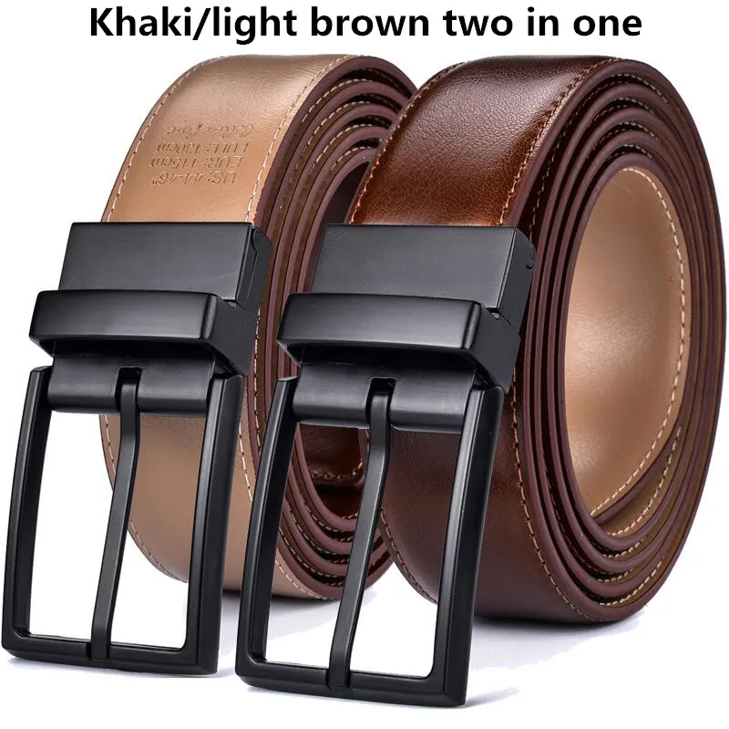 0440BK-Kou-khaki br Мужской кожаный двусторонний ремень-классический и модный дизайн черные/синие ремни с поворотной пряжкой ceinture Размер 28-54 - Цвет: 0440BK-Kou-khaki br