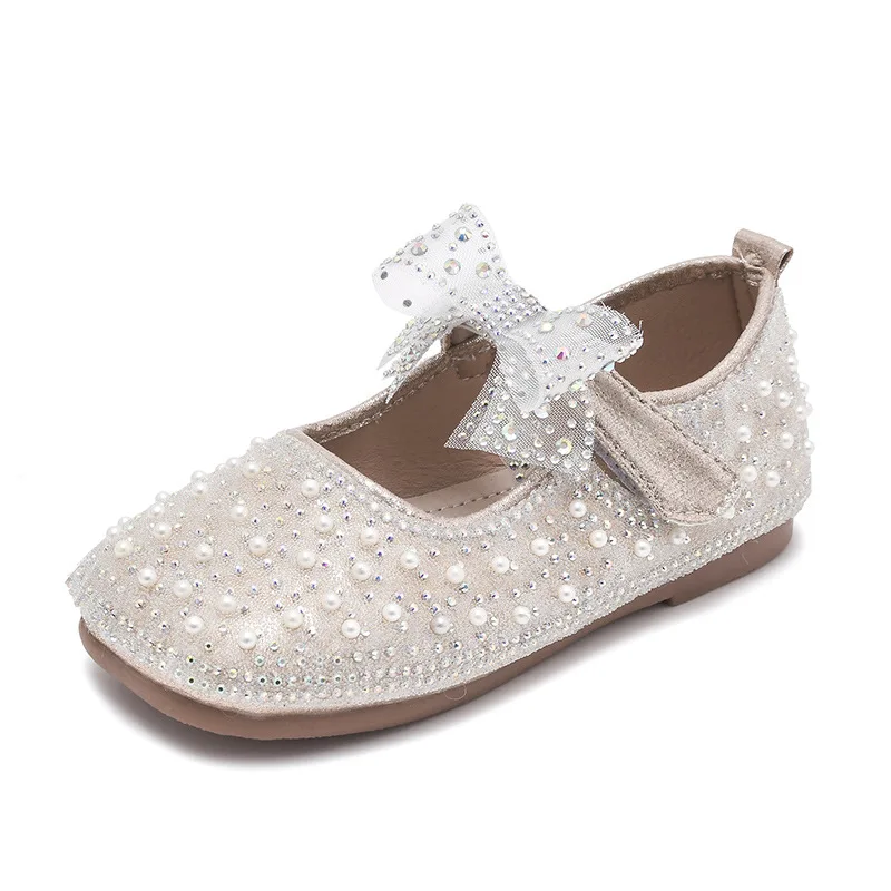 Spring New Girls Single Princess Shoes Pearl Shallow Children's Comfortable Flat Shoes Kid Baby Rhinestone Bowknot B207 girls shoes girls flats