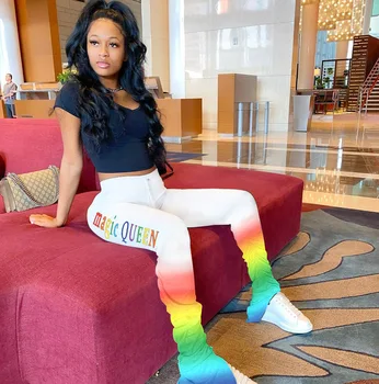 

Queen Women Stacked Pants Hot Designer Spring Autumn Letters Colorful Rainbow Draped Fleated Long Skinny Pants