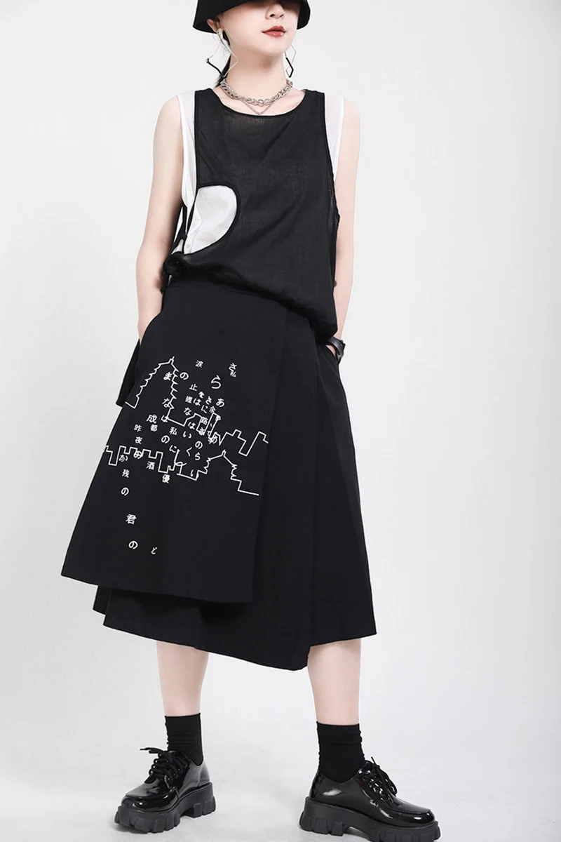 [EAM] High Elastic Waist Black Pattern Printed Irregular Half-body Skirt Women Fashion Tide New Spring Autumn 2020 1X349