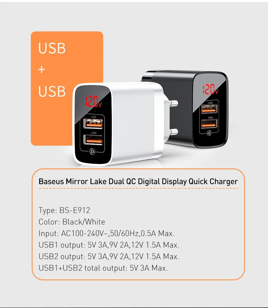 Baseus USB зарядное устройство Быстрая зарядка 3,0 для iPhone samsung huawei 18W Быстрое настенное зарядное устройство цифровой дисплей телефон зарядное устройство адаптер