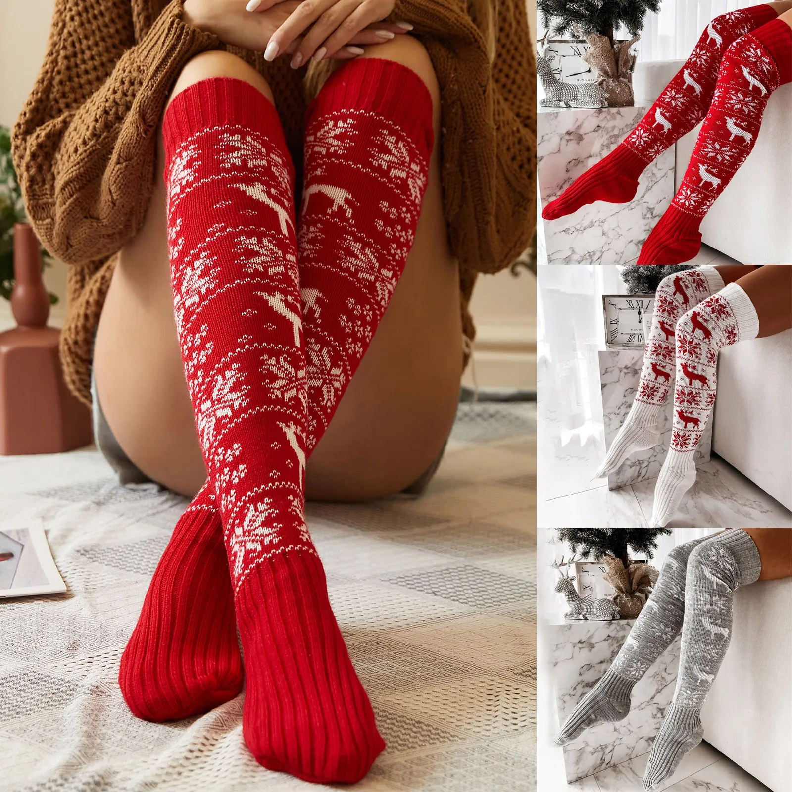 Women Thigh High Over Knee Long Socks Knitted Stockings Ladies Christmas Leg Warmer Soft 