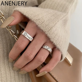 

ANENJERY Personality Smiling Face Square 925 Sterling Thai Silver Ring For Women Width Finger Ring New Arrival S-R671