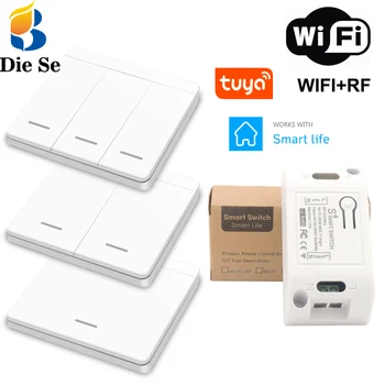 

WIFI/RF 433Mhz Wireless AC 90-250V interruptor and 1/2/3 Gang push button Light switch, Work with Tuya Google Home IOS/Android