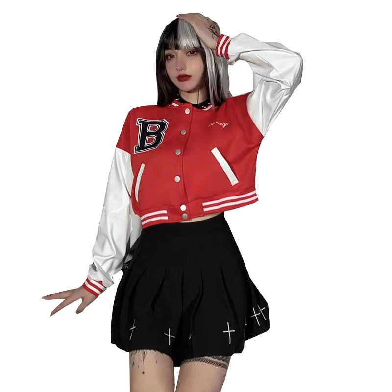 

Letter Print Baseball Uniform Jackts For Women Fall PU Sleeve Patchwork Button Crop Top Cool Woman Coats Casual Bomber Jacket