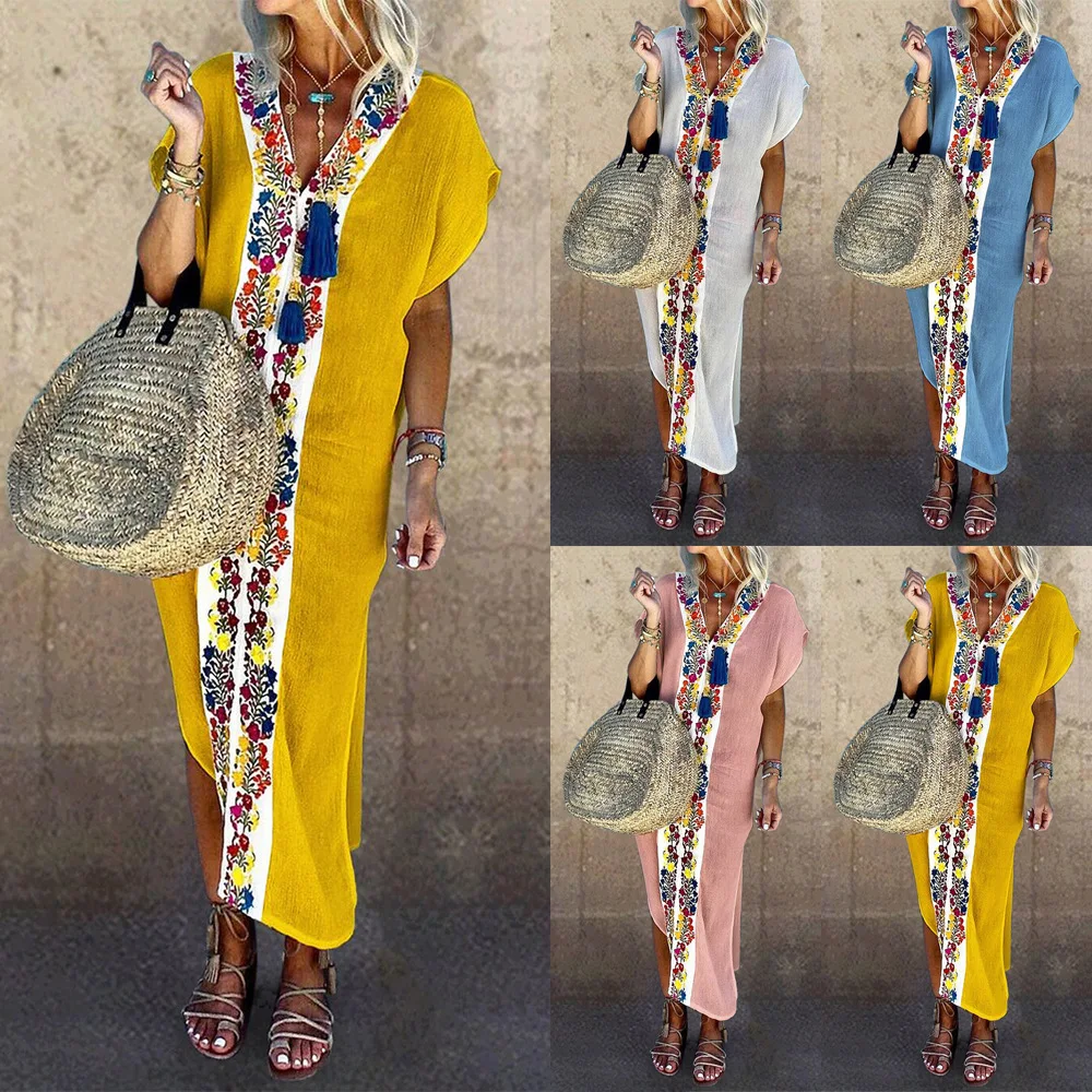 

2019 Foreign Trade WOMEN'S Dress Amazon Europe And America Hot Selling Solid Color Printed V-neck Slit Mid-length Dress Long Ski