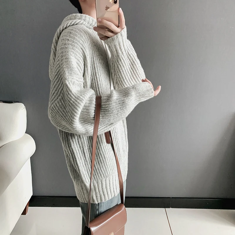 Winter Hooded Sweater Men's Warm Solid Color Casual Knit Pullover Man Sweter Clothes Loose Long-sleeved Sweaters Men S-XL