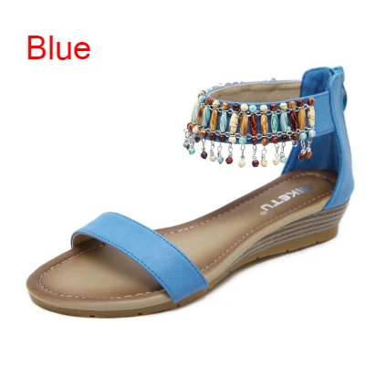 Босоножки на танкетке Женская летняя обувь сандалии-гладиаторы с ремешками на лодыжках пляжная обувь с бусинами женские сандалии в богемном стиле Mujer - Цвет: Blue